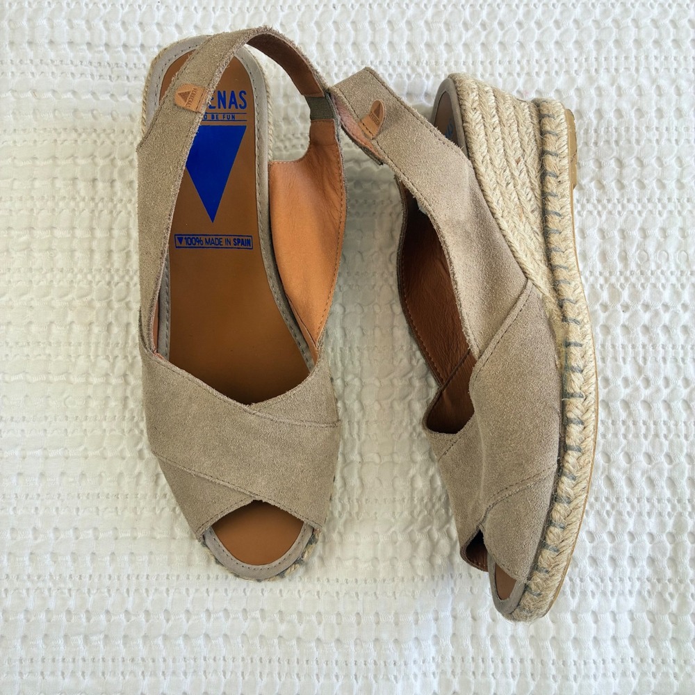 Verbenas Espadrille Wedge Tan Suede Open  Toe Women 7.5/8 Euro 38 Handmade Spain